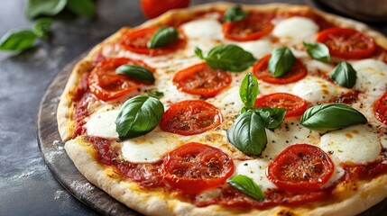 A classic Italian pizza with a thin crust, topped with fresh tomatoes, mozzarella, and basil leaves.