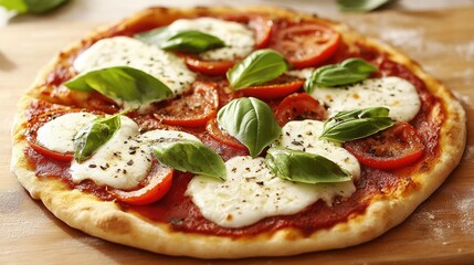 A classic Italian pizza with a thin crust, topped with fresh tomatoes, mozzarella, and basil leaves.