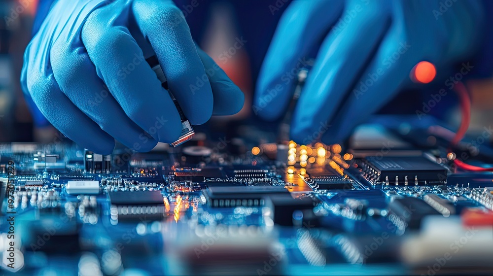 Aufkleber gloved hands working on a circuit board with glowing components