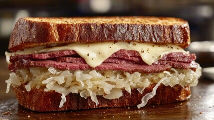 A classic Reuben sandwich with corned beef, Swiss cheese, sauerkraut, and Thousand Island dressing on rye bread. -
