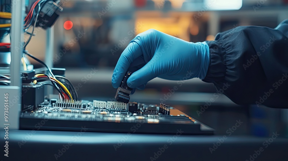Poster gloved hand connecting a component to a circuit board