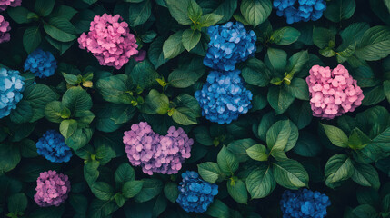 Drone shot of a large patch of blooming hydrangeas in shades of blue and pink, creating a soft and elegant floral landscape.