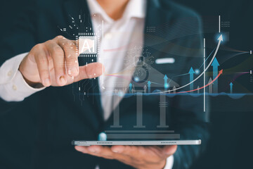 Businessmen use artificial intelligence to analyze investment and analyze the online marketing database of investment enterprises by searching business information and technology.