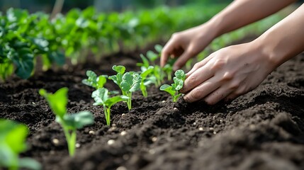 Close-up of hands planting seeds in fertile soil bed
