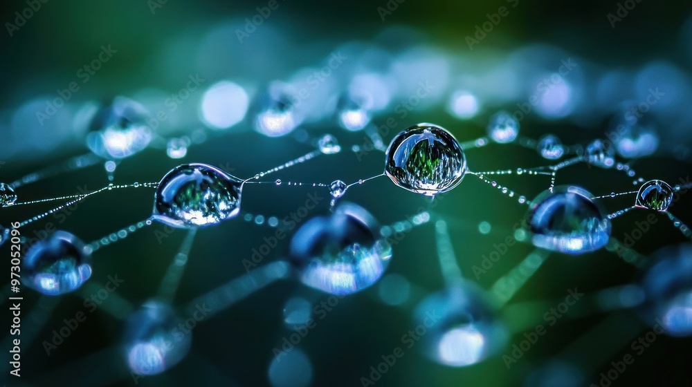 Poster a macro shot of dewdrops on a spiderweb, each drop reflecting the world around it in perfect detail