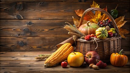 Close up of a harvest cornucopia with a happy thanksgiving gift tag on a dark wood background