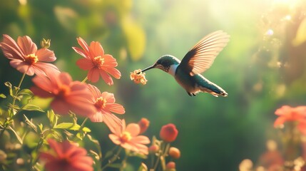 Obraz premium A hummingbird hovering delicately over a bright flower, its wings a blur of motion, in a serene garden setting