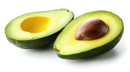 A close-up of a ripe avocado cut in half, showing the creamy green flesh and large pit.