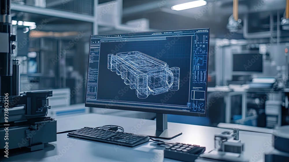 Poster computer screen displaying 3d model of a complex object in a modern industrial workspace