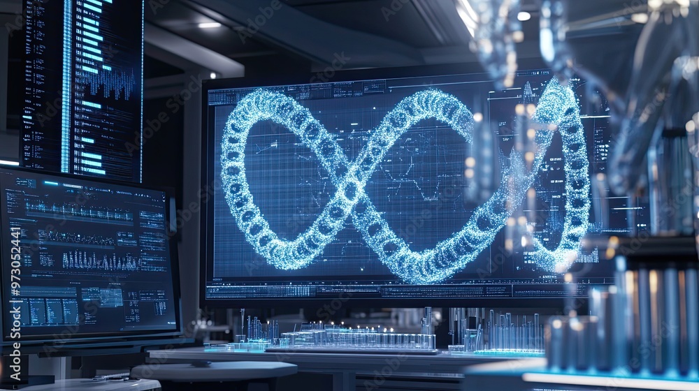 Poster futuristic laboratory with digital dna helix displayed on screen