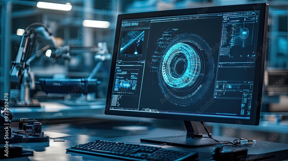 Poster a computer monitor displaying blue 3d data visualization in a modern industrial setting