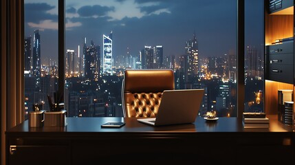 Plakat A modern office with a view of a city skyline at night.