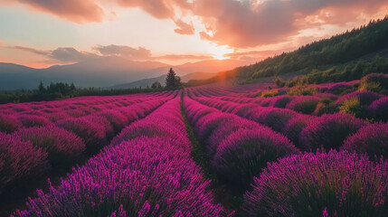 Naklejka premium Drone shot of a vibrant lavender field in full bloom, with the purple hues creating a calming and expansive landscape under a sunny sky.