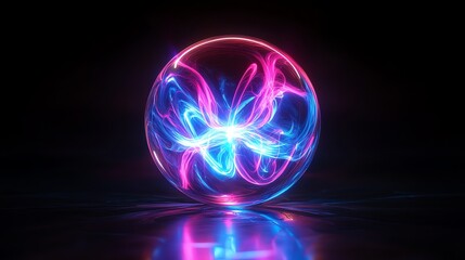 Obraz premium A glowing orb with pink and blue energy swirling inside on a dark background.