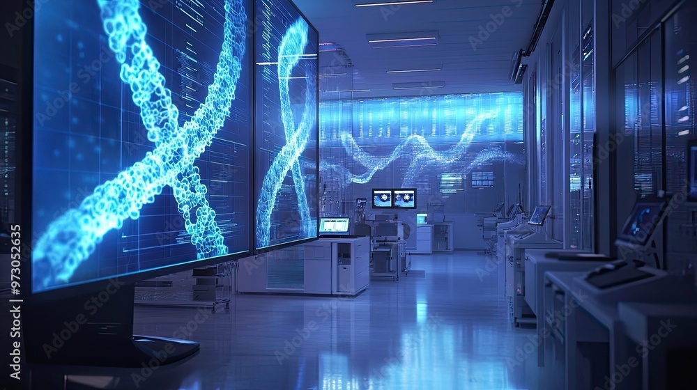 Poster futuristic laboratory with dna display on screens