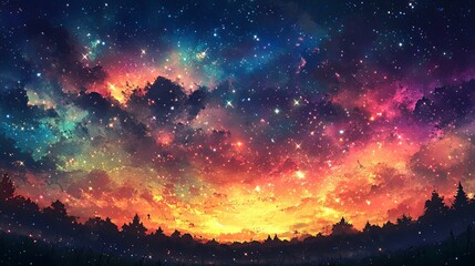 Fototapeta premium Silhouetted Forest Against a Vibrant, Starry Night Sky