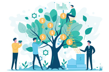 Businessmen measuring financial growth with money tree, company performance metrics, successful business analytics, income and earnings size