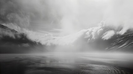 A black and white image of a foggy lake with mountains in the background. The sun is shining through the clouds, creating a mystical atmosphere.