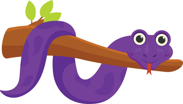 Cartoon purple snake is hanging on a tree branch, sticking its tongue out