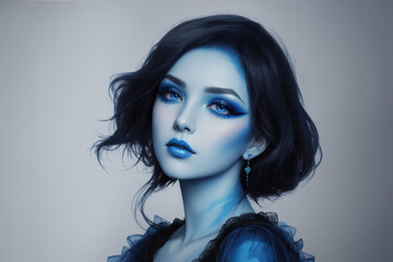 Fototapeta premium portrait of a woman wearing blue makeup with bluish hair on a blue backdrop in single color style