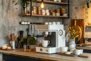 A chic coffee setup features a white espresso machine brewing a fresh cup in a stylish kitchen filled with greenery and wooden accents.