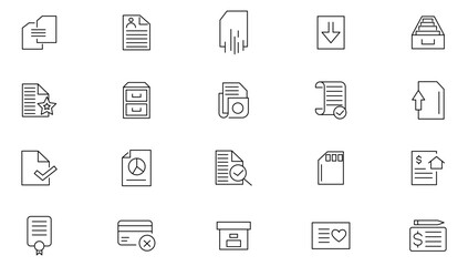 Document line icon set.  Order application, report paper containing passport, contract, agreement, ID card, certificate, license, law, and justice line icon set. UI thin line icon pack.