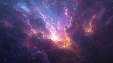 Naklejka premium A stunning nebula like cloud with shining nucleus, showcasing vibrant colors and cosmic beauty. This celestial scene evokes sense of wonder and exploration in vast universe