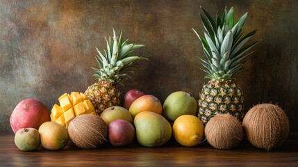 A collection of tropical fruits, including pineapples, mangoes, and coconuts, arranged on a wooden table.