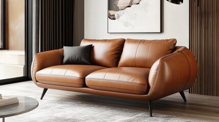 A stylish brown leather two-seater sofa with black metal legs, featuring square arms and backrests for extra comfort in an elegant home interior setting. 