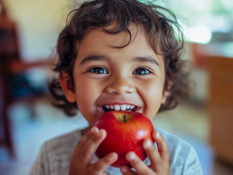 child eating apple with a big smile to have a healthy after school snack. Preschool toddler nutrition eat. Enjoy. Cute. Curly hair. Hispanic. Diverse