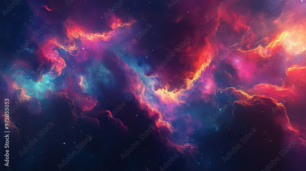 Poster a cosmic abstract background with swirling clouds of gas and dust in deep space, glowing with vibran