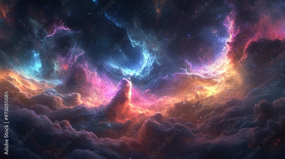 Poster a cosmic abstract background with swirling clouds of gas and dust in deep space, glowing with vibran