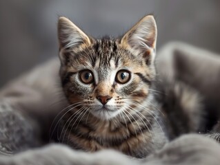 A cute tabby kitten with large, golden eyes looks directly at the camera. It is lying on a soft, grey blanket.
