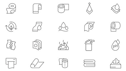 Fototapeta premium Toilet paper line icon set. Tree layered napkin, Wet Towel, Sanitary Dispenser, Toilet Paper, bathroom line icon set. UI thin line icon pack.
