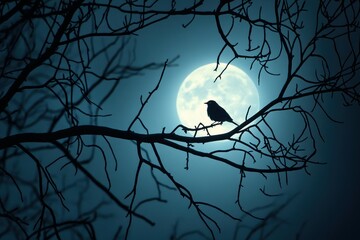 Silhouette of a Bird on Bare Branches Against Full Moon