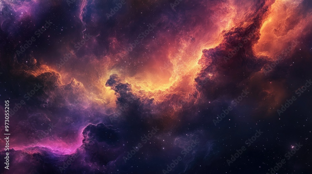 Poster a cosmic abstract background with swirling clouds of gas and dust in deep space, glowing with vibran