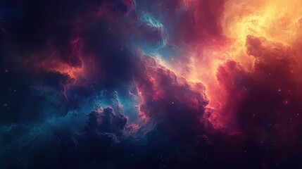 Naklejka premium A cosmic abstract background with swirling clouds of gas and dust in deep space, glowing with vibrant colors.
