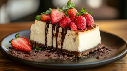 A decadent slice of New York cheesecake topped with fresh strawberries and a drizzle of chocolate.