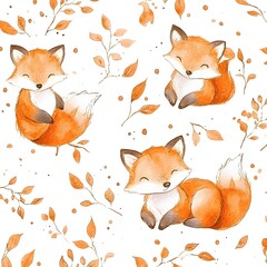 Cute Watercolor Fox with Fall Leaves Seamless Pattern