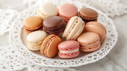 A delicate plate of macarons in various flavors, arranged on a white lace doily.