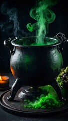 Cauldron with green smoke and potion on a dark background.