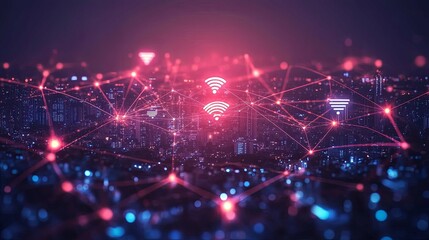 Fototapeta premium Wireless Network Connectivity Over a Nighttime Cityscape