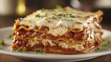 A delicious plate of homemade lasagna with layers of pasta, cheese, and a rich meat sauce, garnished with fresh herbs.