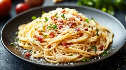 A delicious plate of spaghetti carbonara with a creamy sauce, crispy bacon, and freshly grated Parmesan cheese.