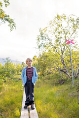 Family with kids and dog, hiking the Abisko National Park near Kiruna on a summer day