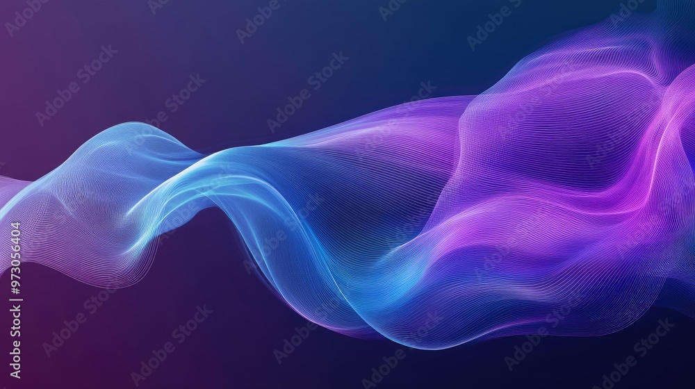 Poster a fluid, abstract background with flowing lines in shades of purple and blue, creating a sense of mo