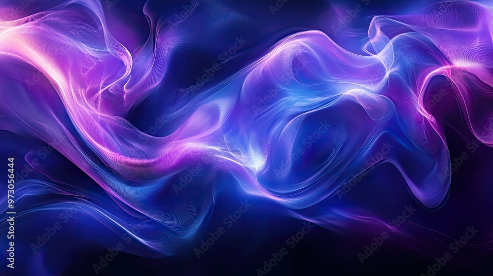 Poster a fluid, abstract background with flowing lines in shades of purple and blue, creating a sense of mo