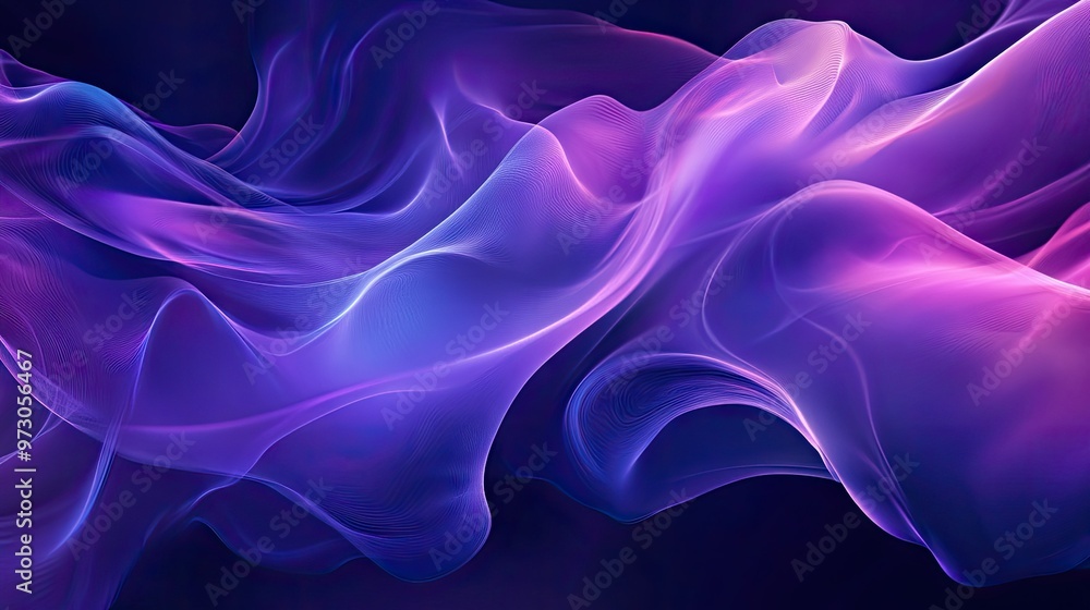 Poster a fluid, abstract background with flowing lines in shades of purple and blue, creating a sense of mo