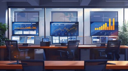Modern Office Interior with Financial Data on Monitors