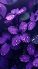 Beautiful elegant purple color flowers and waterdrops on purple color background, dark theme, wallpaper design, minimalist design
